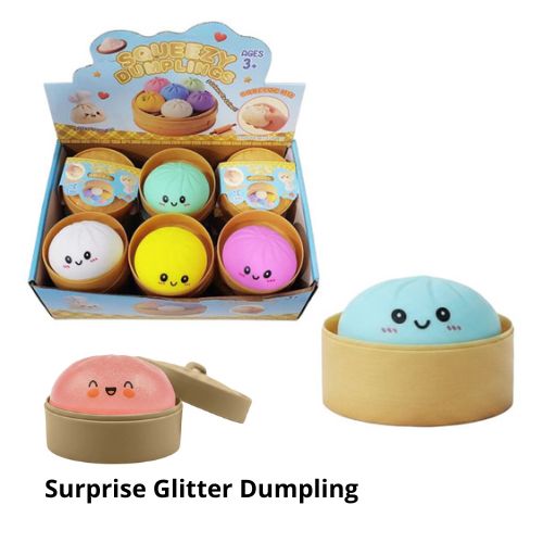 SQUISHY Ravioli (Dumpling) 8,5cm TPR+PVA in display da 12pz (Un Raviolo Glitter a Sorpresa) 6ass…x12…x72